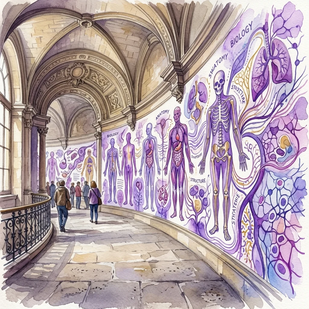 Bezoekers lopen door een gebogen museumgang met grote paarse anatomische muurschilderingen van skeletten en organen voor de tentoonstelling Post/No/Bills #7.