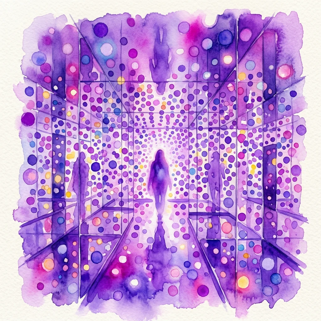 Een aquarelillustratie van Yayoi Kusama's meeslepende kunstinstallatie met een figuur die door een spiegelende gang vol polkadots loopt, wat thema's van oneindigheid en herhaling oproept.
