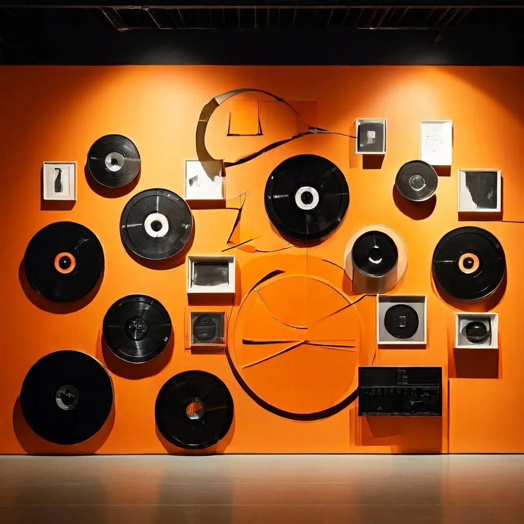 An abstract minimalist art installation at Stedelijk Museum featuring black iconic shapes of vintage media formats like film reels and cassette tapes mounted in round frames on a modern white wall.