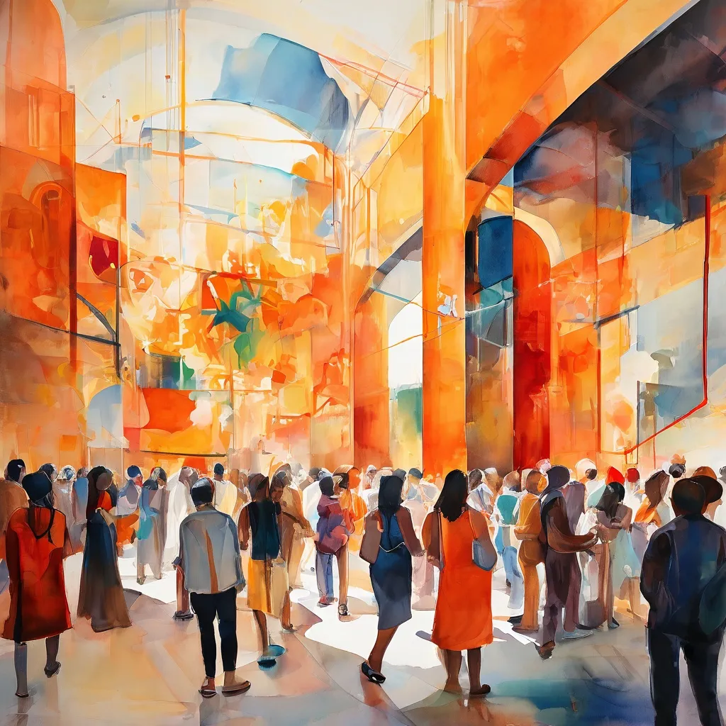 Vibrant, energetic murals by Hedy Tjin adorning the historic staircase of the Stedelijk Museum Amsterdam, depicting diverse figures and scenes that symbolize solidarity and communal experiences.