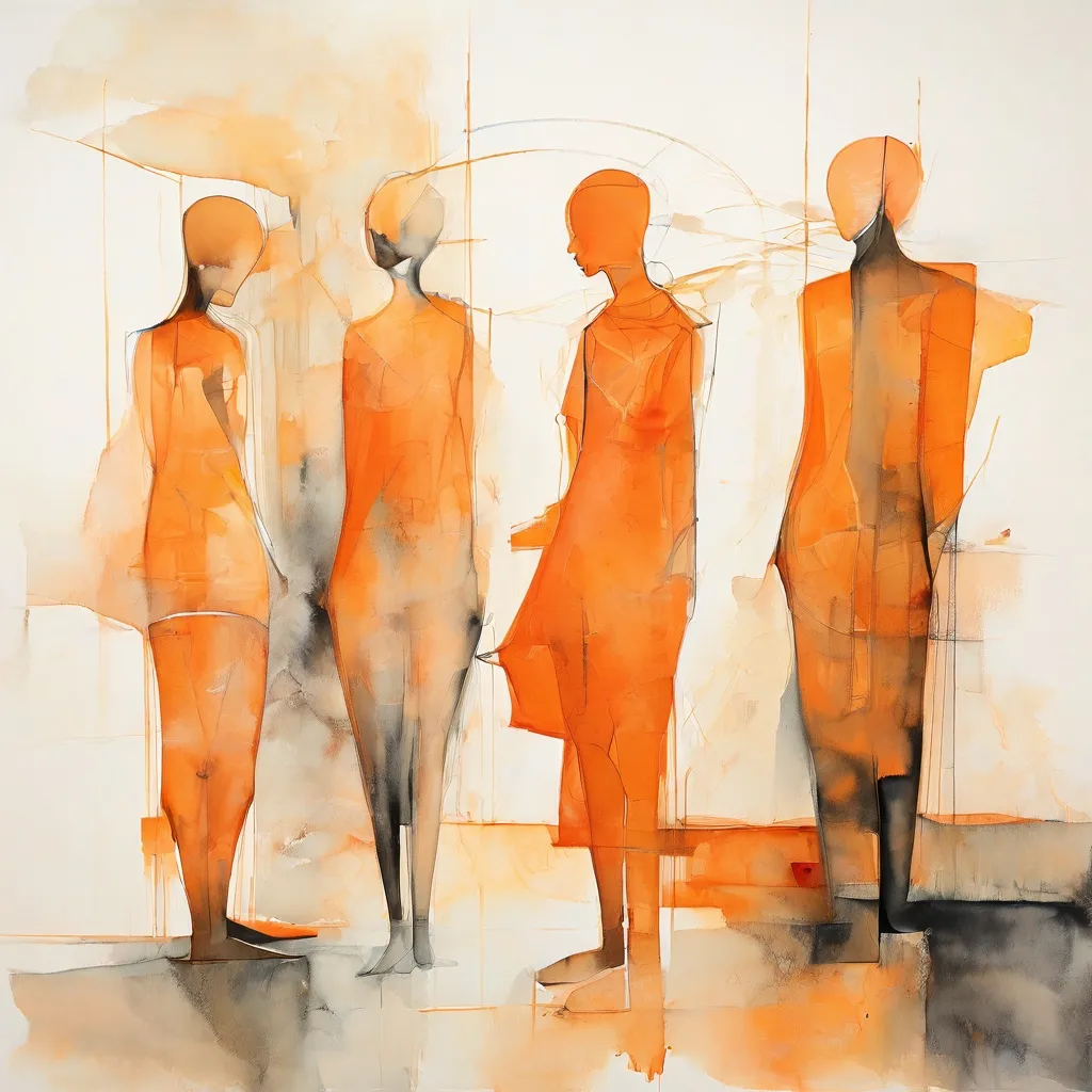 A contemporary abstract painting by Ivna Esajas featuring interwoven human figures and delicate lines in subtle, translucent colors, suggesting themes of connection and balance at the Stedelijk Museum Amsterdam.