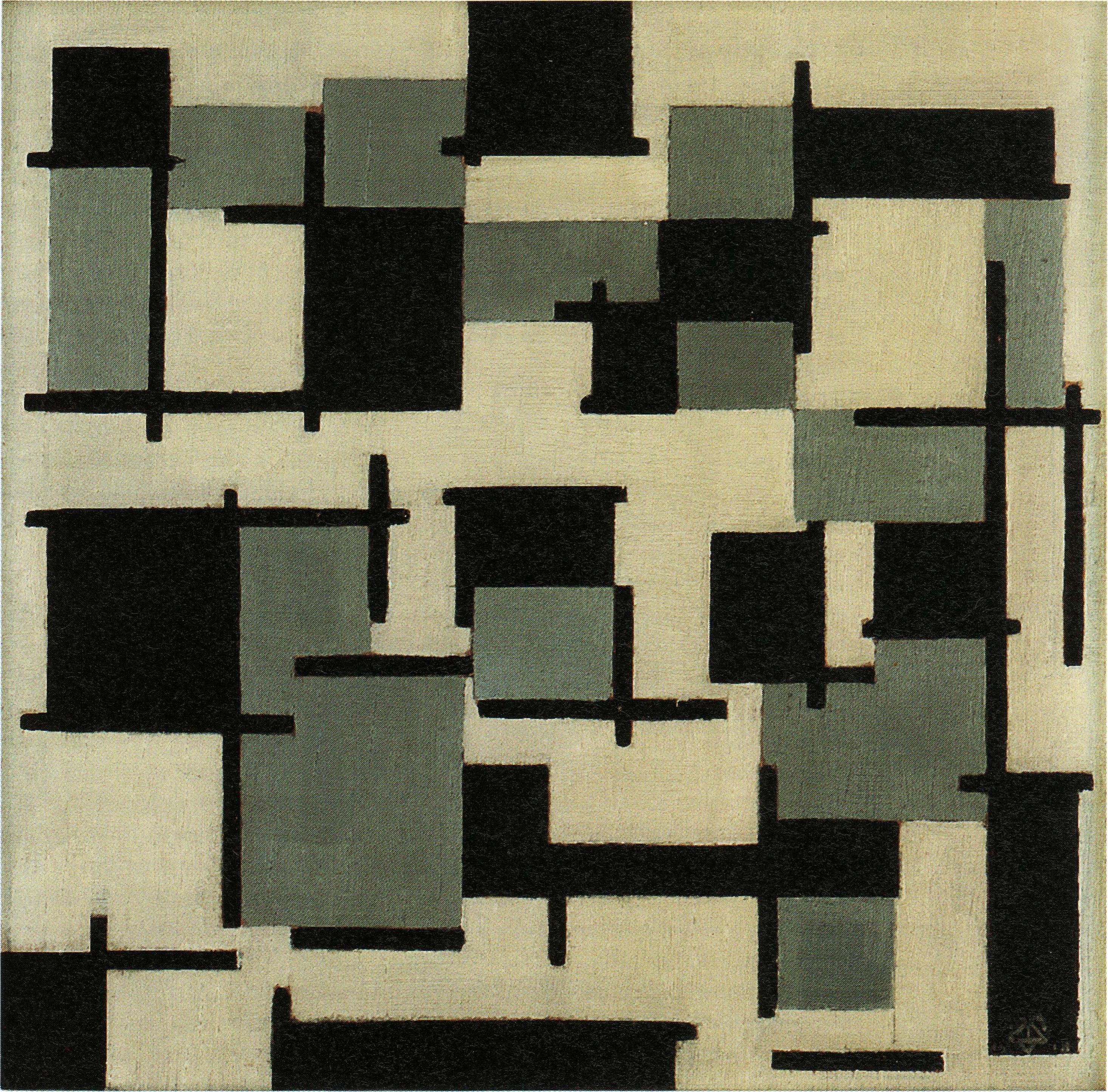 Geometrisch abstract schilderij met zwarte, grijze en beige rechthoekige vormen gerangschikt in een rasterpatroon. Minimalistische compositie met rechte lijnen.