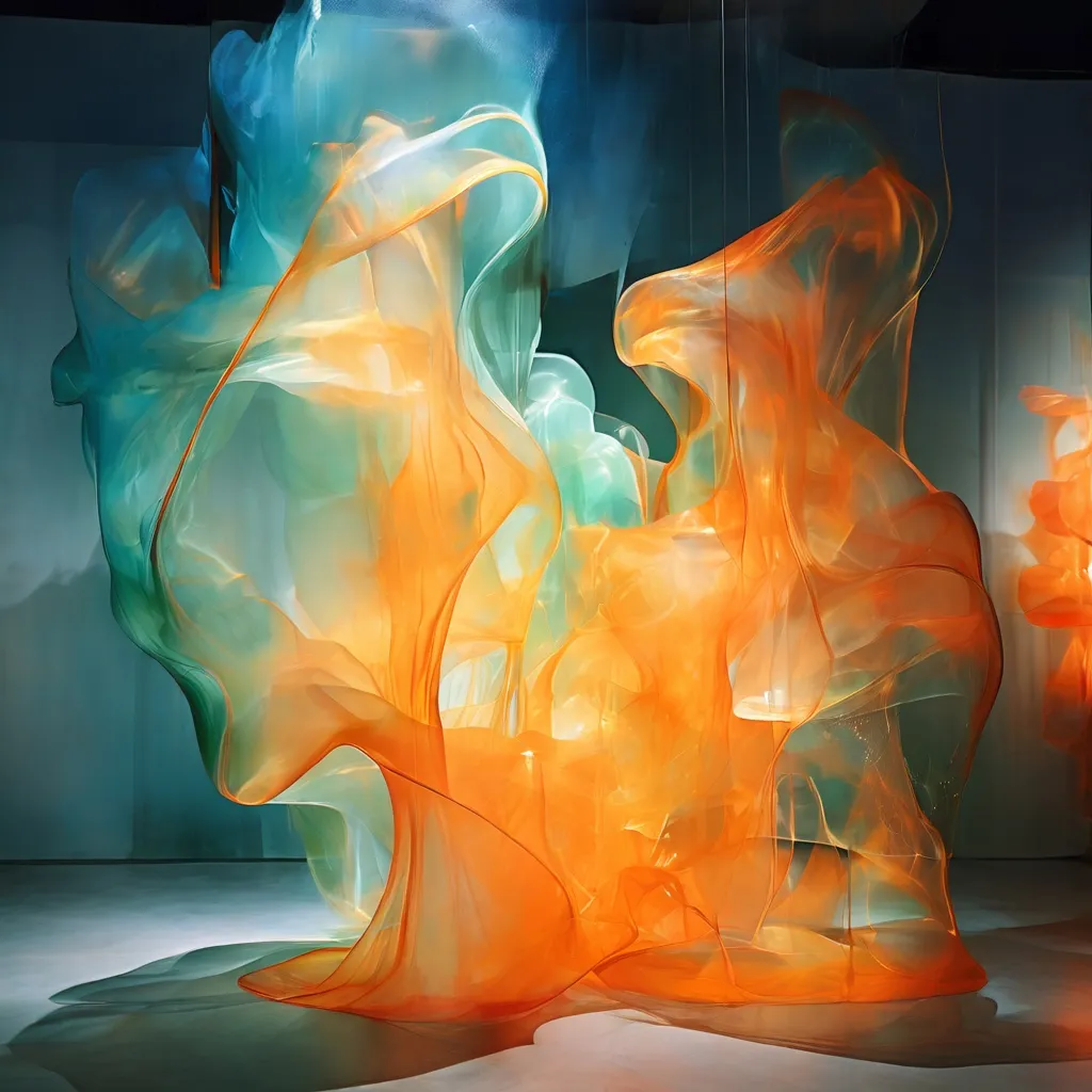 Una instalación de arte abstracta e inmersiva con luz verde y azul brillante, que presenta materiales translúcidos y reflectantes, representando la exposición 'Liquid Body' en el Stedelijk Museum de Ámsterdam.