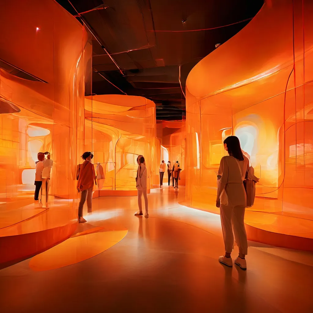 Una imagen conceptual que representa una actuación inmersiva de arte sonoro, con formas esculturales abstractas e imponentes bañadas por luz ambiental dentro de una galería de museo moderna, relacionada con la obra de Sandra Mujinga en el Stedelijk Museum de Ámsterdam.