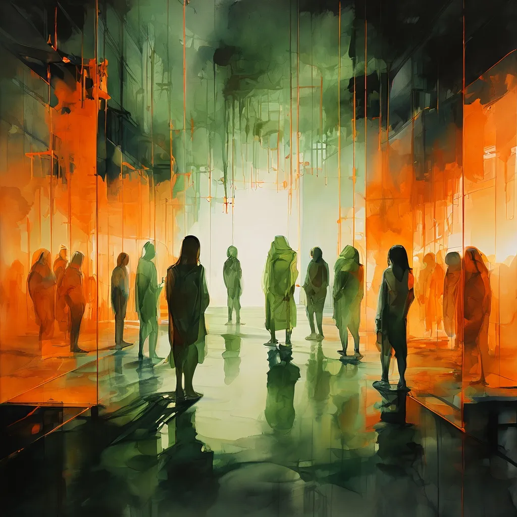 Een conceptuele kunstinstallatie in het Stedelijk Museum Amsterdam, met lange, schimmige, humanoïde figuren die worden weerspiegeld door spiegels in een schemerige, groen getinte galerieruimte, wat mysterie en reflectie oproept.