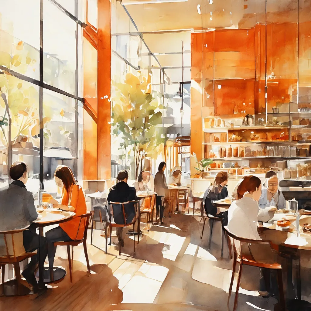 Un interior acogedor y moderno de una cafetería de museo, con líneas limpias, asientos cómodos y un elegante mostrador con pasteles frescos y café, que captura la nueva experiencia culinaria en el Museo Stedelijk de Ámsterdam.