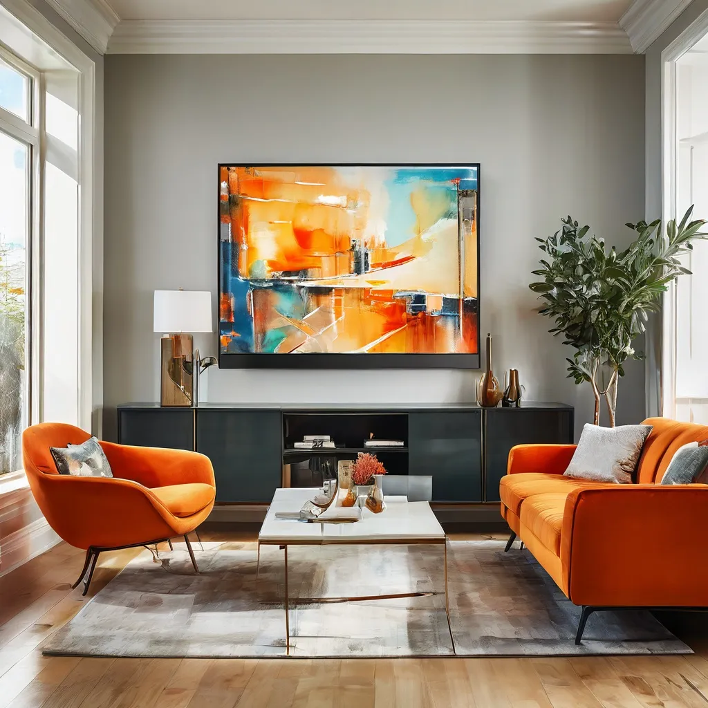 A modern living room showcasing a Samsung Frame TV displaying a classic modern art piece from the Stedelijk Museum Amsterdam collection.