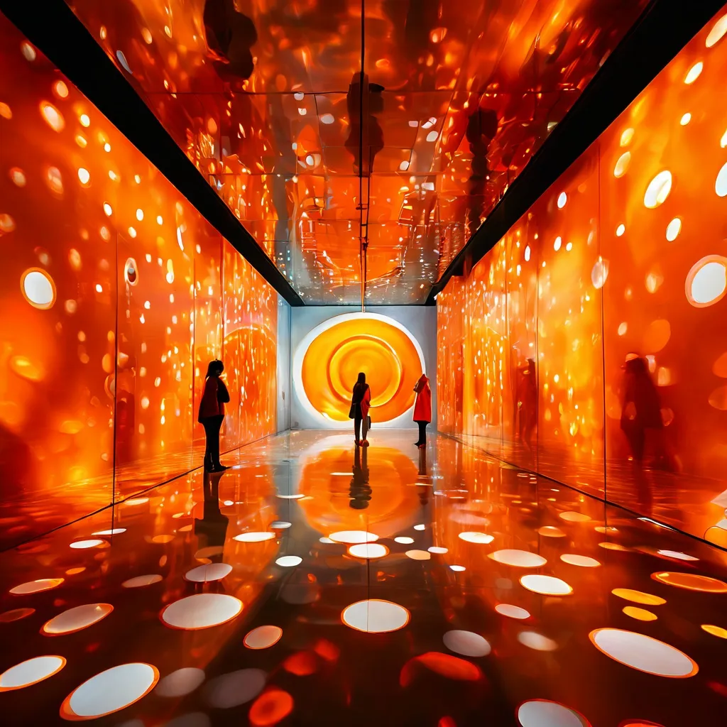 An immersive art installation by Yayoi Kusama at the Stedelijk Museum Amsterdam, featuring vibrant polka dots and reflective surfaces that create a sense of infinite space.