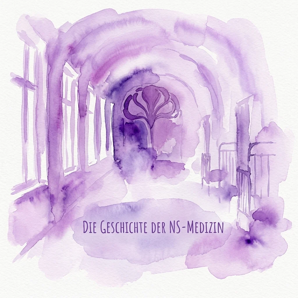 Ilustración en acuarela de un pasillo interior de tonos morados en el Hospital Otto Wagner de Viena, con detalles arquitectónicos Jugendstil y el texto 'Die Geschichte der NS-Medizin' (La Historia de la Medicina Nazi).