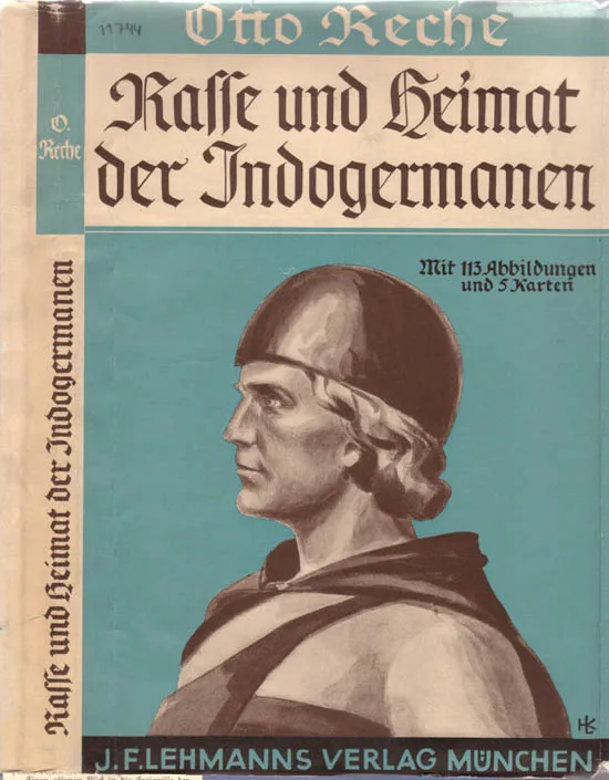 Cubierta del libro titulada 'Rasse und Heimat der Indogermanen' de Otto Reche, que muestra a un hombre de perfil con casco y túnica