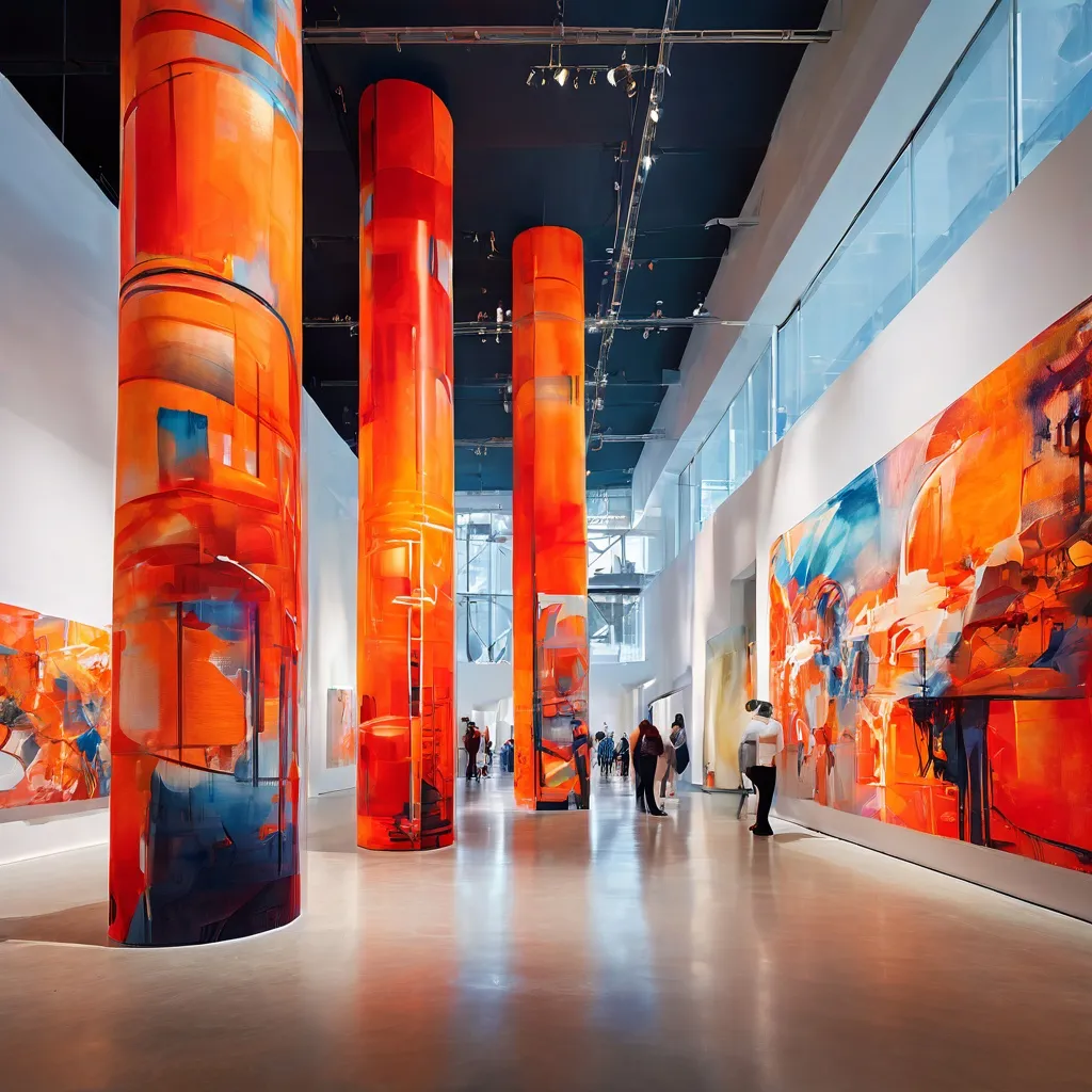 A dramatic and artistic interior view of the STRAAT Museum, featuring a new monumental installation of layered, textured fabric columns by the artist duo FAILE, symbolizing their journey from street art to studio practice.