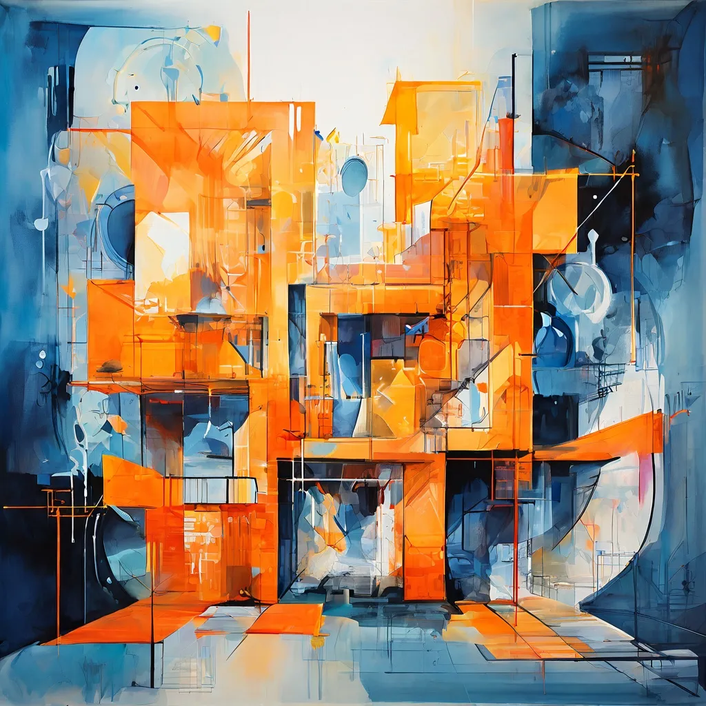 Abstract artwork blending graffiti typography with architectural blueprints, presented within the STRAAT Museum.