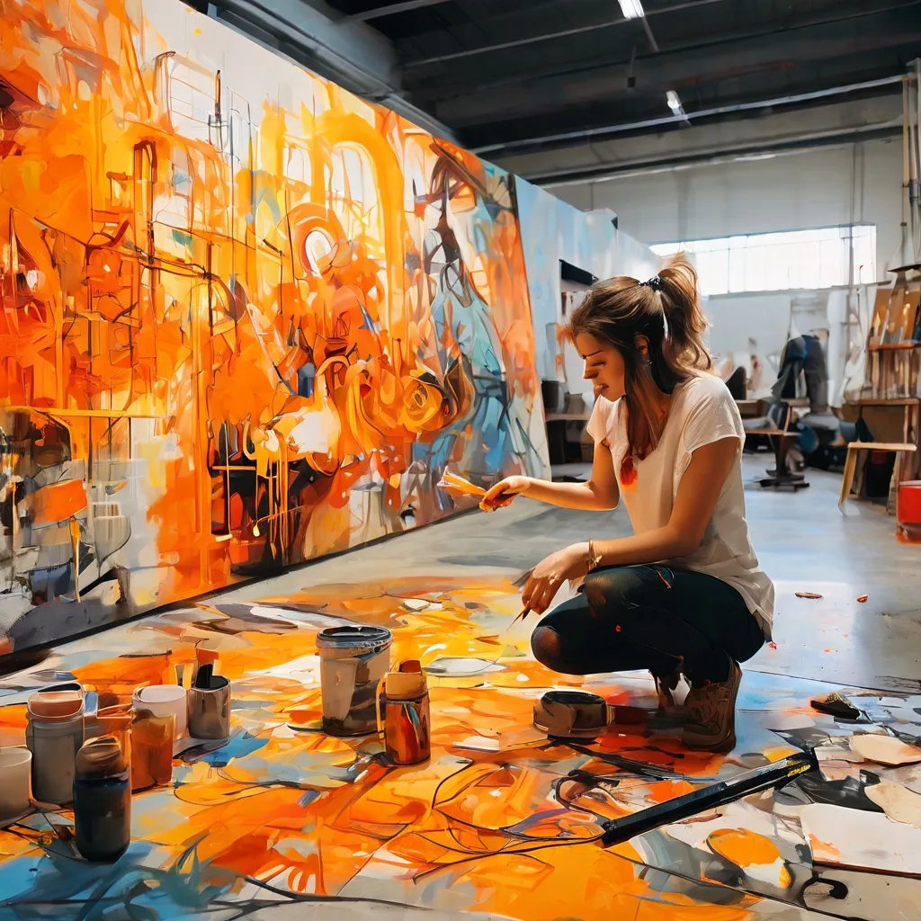 Dynamiczny mural street artowy tworzony przez artystkę Lady Aiko w industrialnym, stylowym wnętrzu Muzeum STRAAT w Amsterdamie.