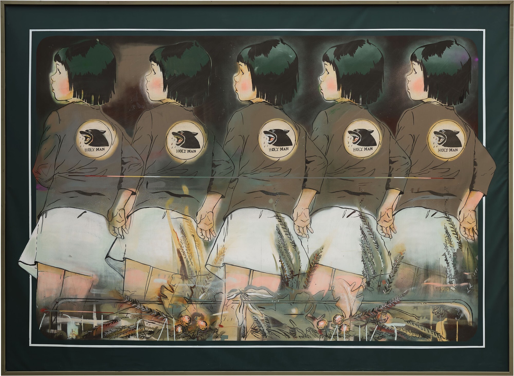 Opgezet kunstwerk met vijf identyczne postacie od tyłu, ubrane w brązowe koszule z okrągłymi emblematami, stojące wśród gruzów