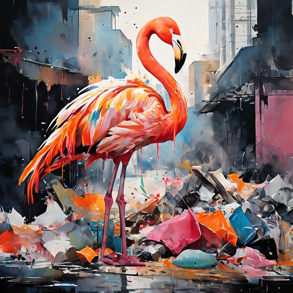 A monumental, stylized pink flamingo installation by street artist Dulk, set against a backdrop of urban decay within the STRAAT Museum, symbolizing environmental concerns.