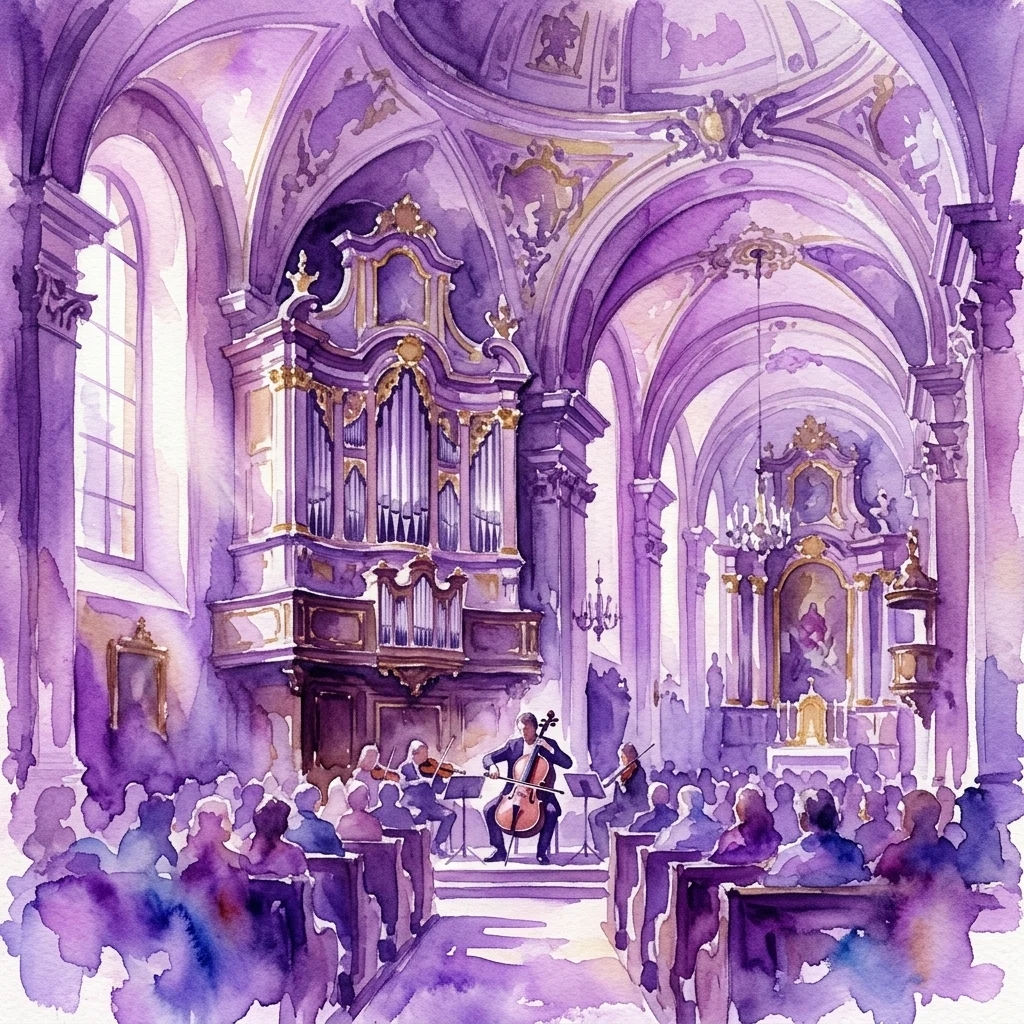 A watercolor illustration of a classical music concert in the Strahov Monastery, featuring a baroque organ, cellist, and audience in a purple-hued historic interior.