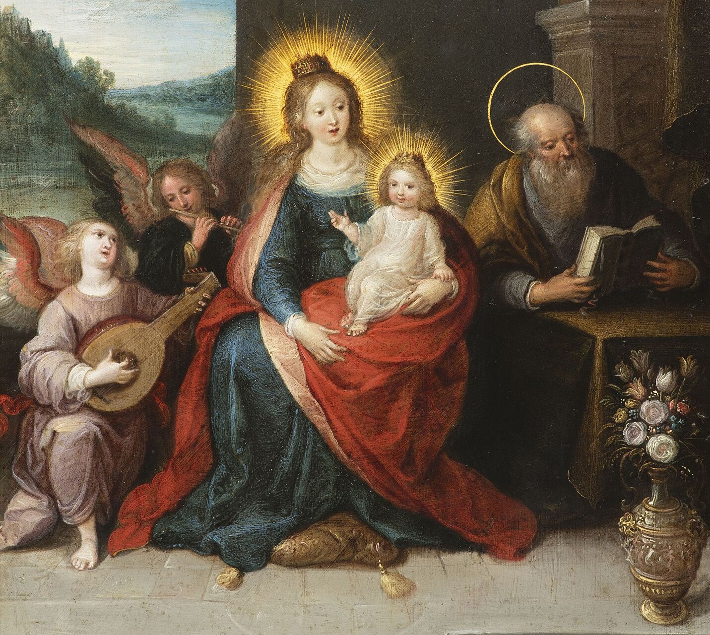 Barokowy obraz Najświętszej Maryi Panny trzymającej Dzieciątko Jezus, z aniołami i świętymi w scenie religijnej