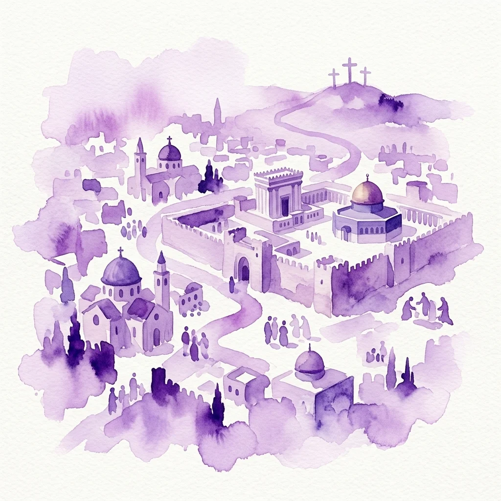 A purple watercolor illustration of Jerusalem from a bird's-eye view, showing key religious sites like the Church of the Holy Sepulcher and the Dome of the Rock, with figures walking the path to Golgotha on a hill in the distance.