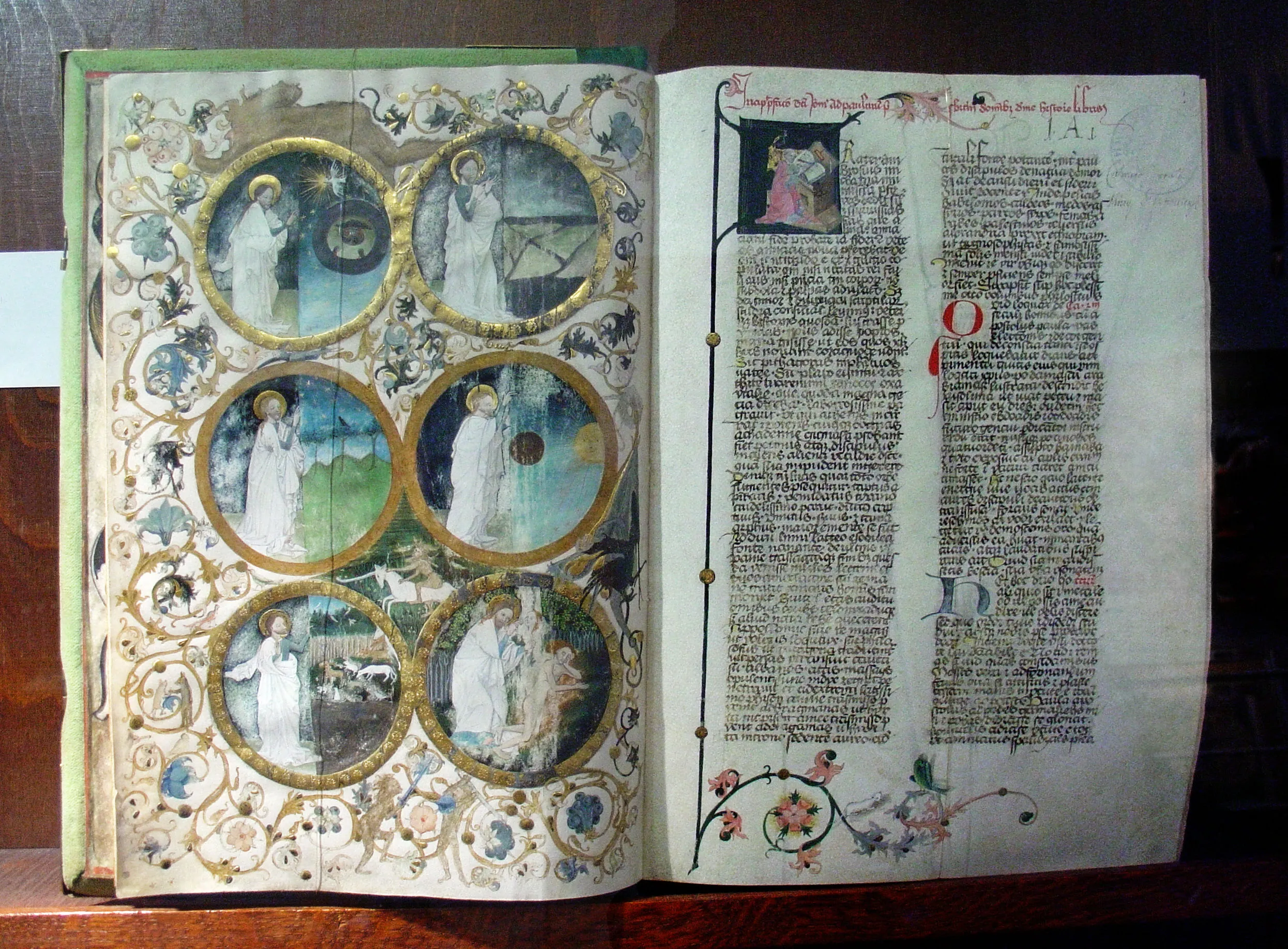 Open book with illuminated manuscript showing circular illustrations and text
