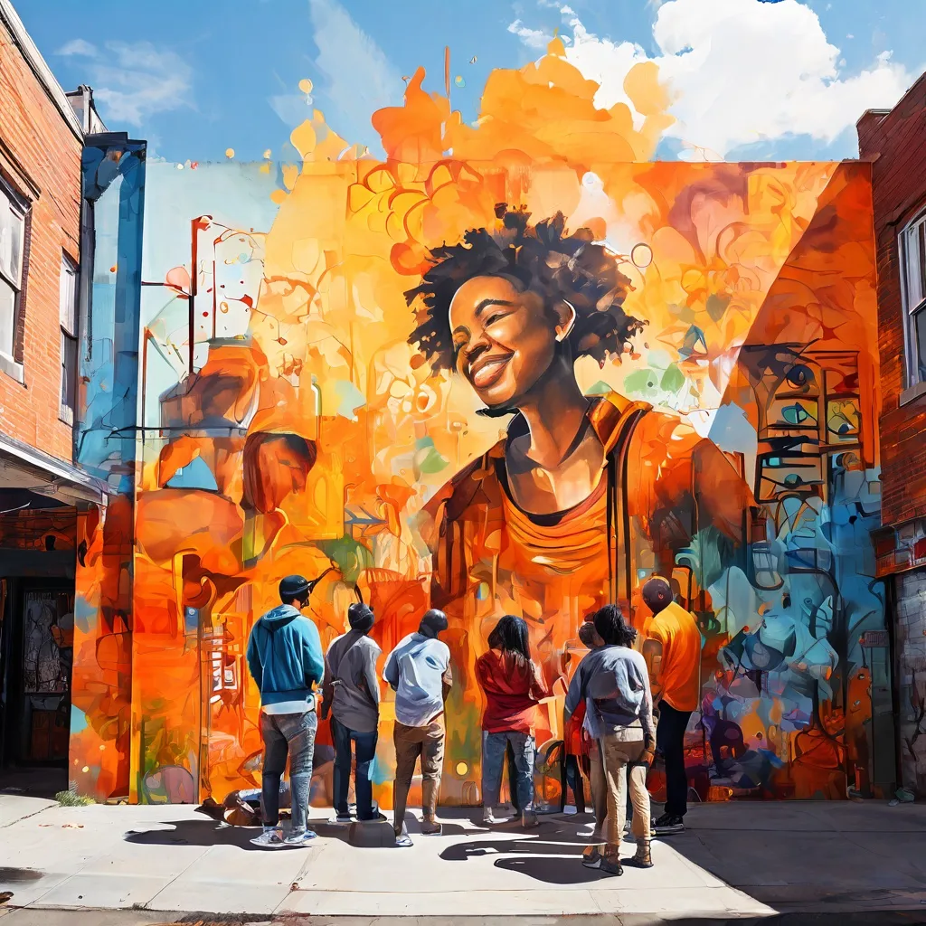 Een levendige muurschildering, gezamenlijk geschilderd door diverse kunstenaars en buurtbewoners in een stedelijke omgeving, die verbinding en creatieve transformatie symboliseert bij het Street Art Museum Amsterdam.