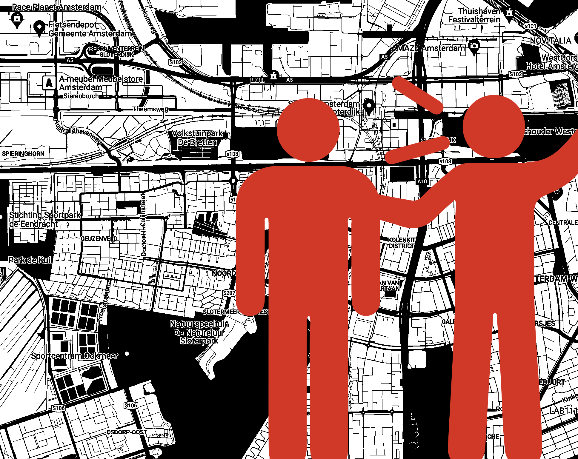 Mapa de la ciudad en blanco y negro con diseño de calles, ubicación marcada y dos muñecos rojos señalando un sitio