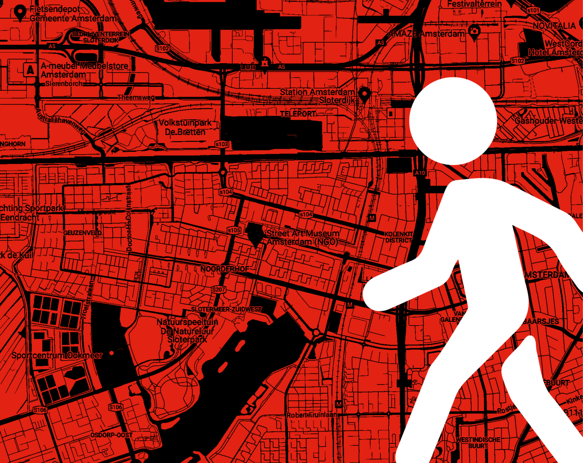Mapa roja para visitantes de Ámsterdam con calles y vías fluviales negras, con un icono blanco de una figura caminando que indica una ruta turística