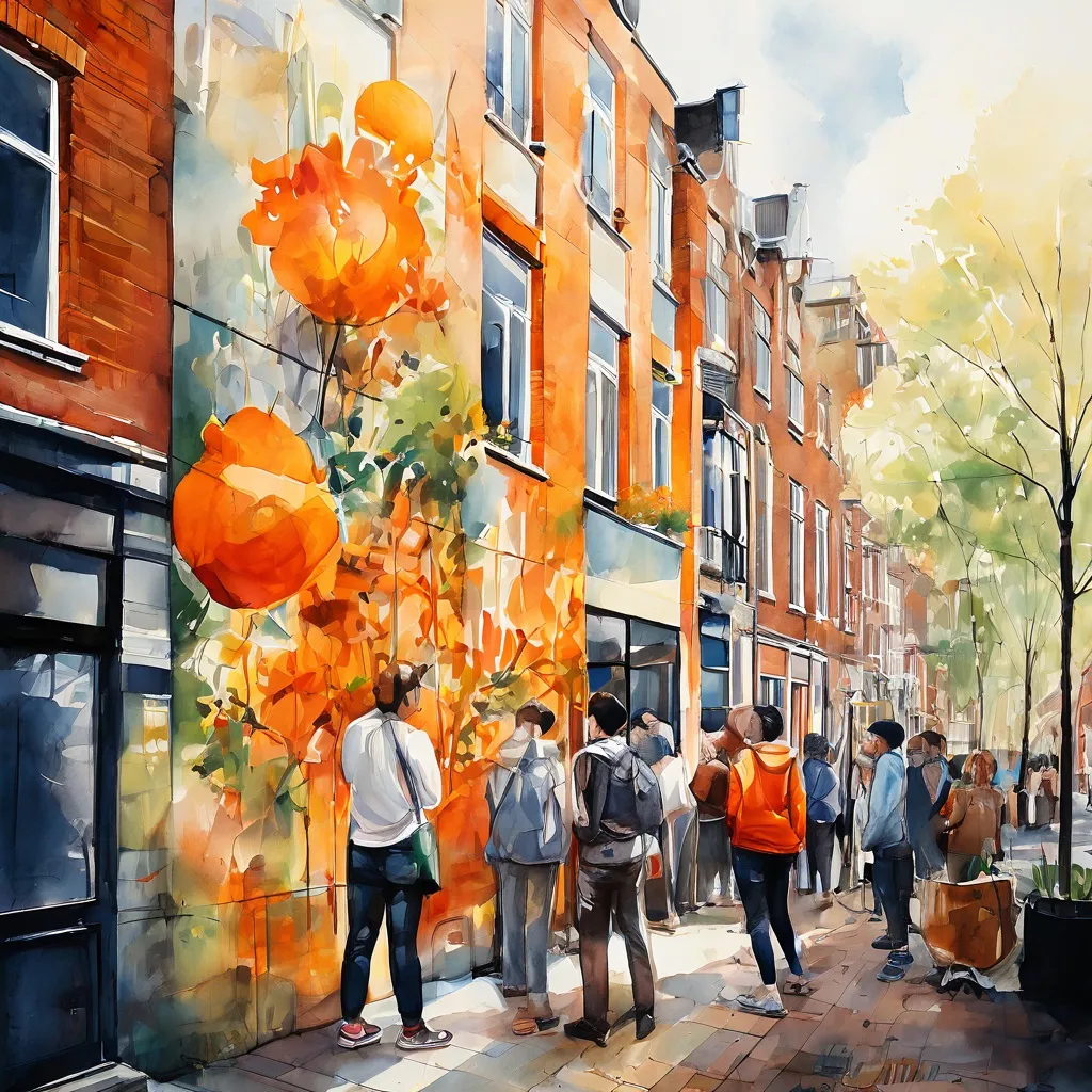 A diverse group of people collaborating on a vibrant street art mural in an urban Amsterdam setting, symbolizing community and creativity.