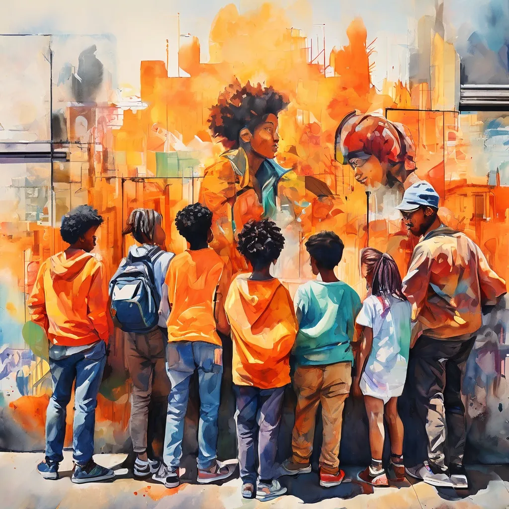 Una imagen ilustrativa que representa a jóvenes diversos participando activamente en la creación de arte urbano, guiados por un mentor adulto, simbolizando la participación comunitaria y el desarrollo de habilidades dentro del programa STAR 2.0 del Museo de Arte Urbano de Ámsterdam.