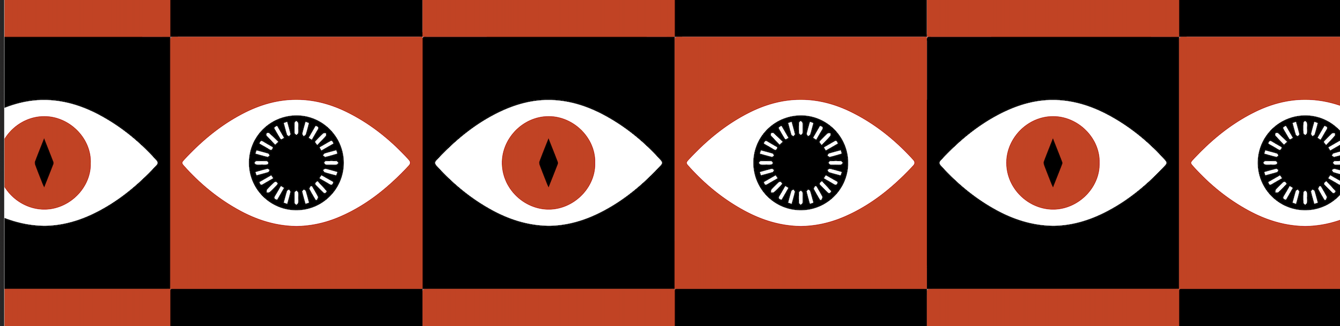 Patrón repetitivo de ojos estilizados con iris rojos y pupilas negras sobre cuadrados a cuadros alternos rojos y negros