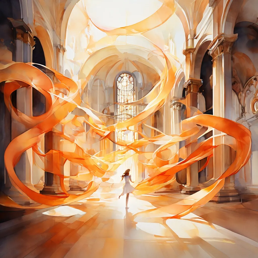 Abstract view of dancers using ribbons to create swirling patterns inside the Kollegienkirche during the Rauschen installation by SZENE Salzburg.