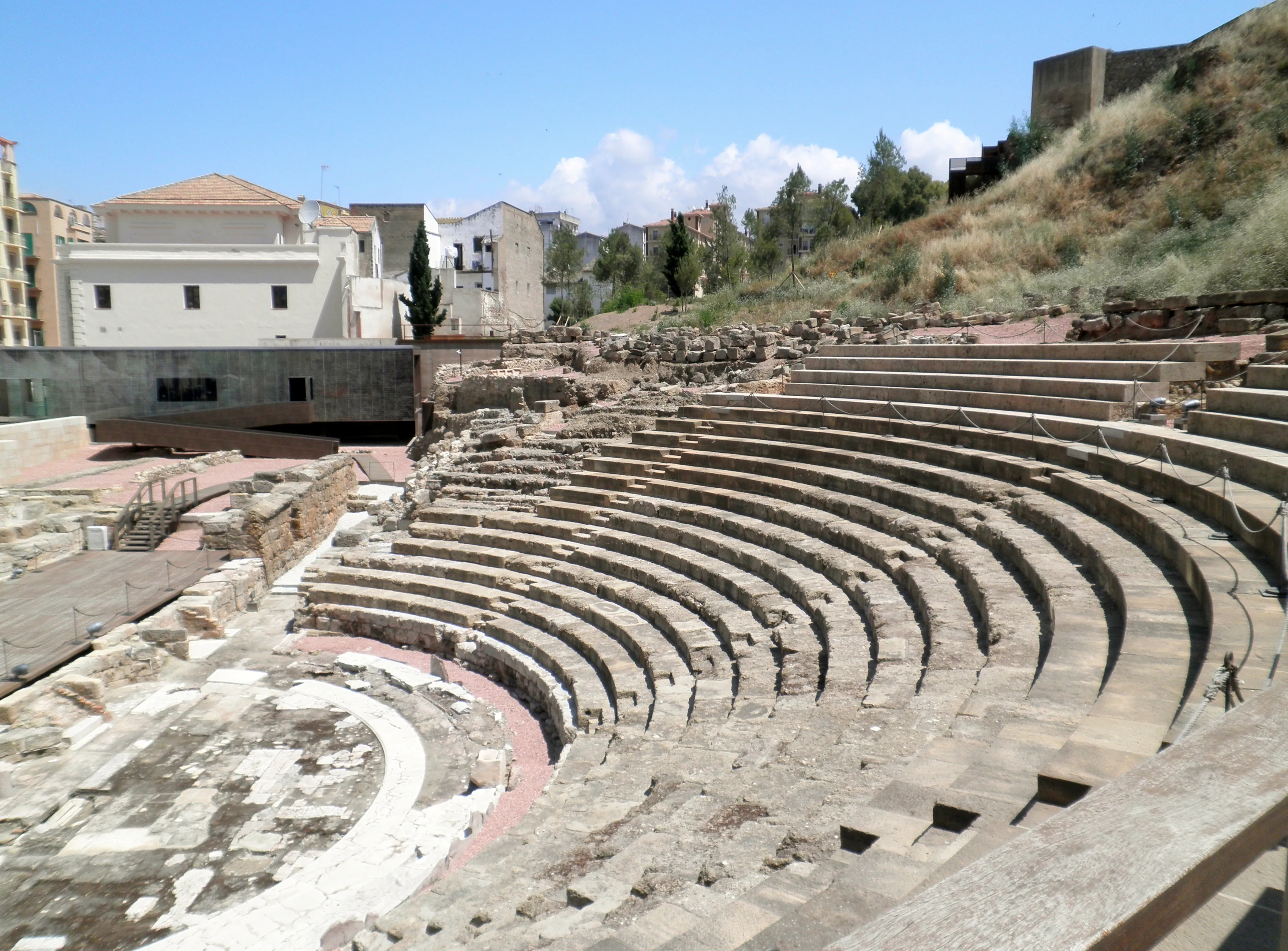 Graderíos de piedra curvados del Teatro Romano de Málaga que se elevan desde el área de la orquesta, con edificios modernos y una ladera verde visibles al fondo bajo un cielo azul.