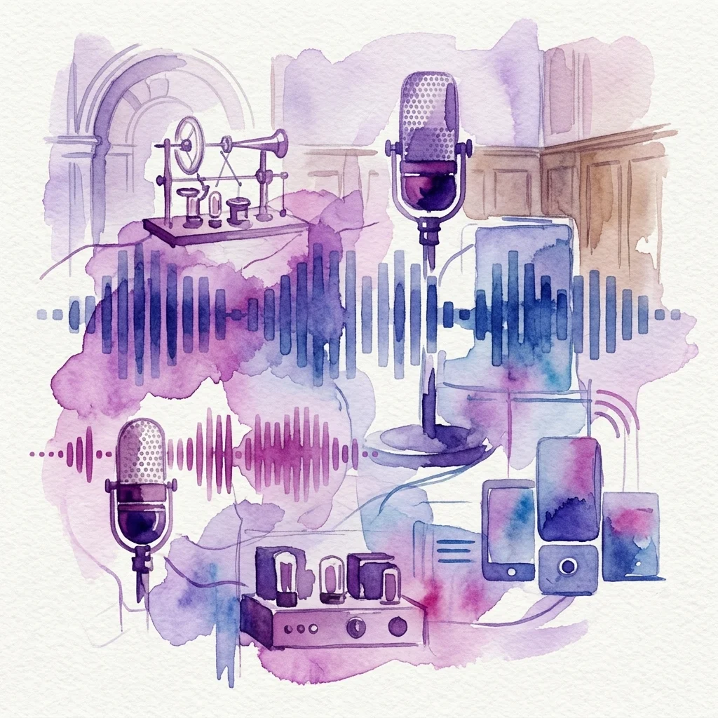 Ilustración en acuarela de equipos de radio antiguos y modernos, incluyendo radios de galena, micrófonos y dispositivos digitales, con ondas sonoras y señales Wi-Fi, representando 100 años de radio en Austria.