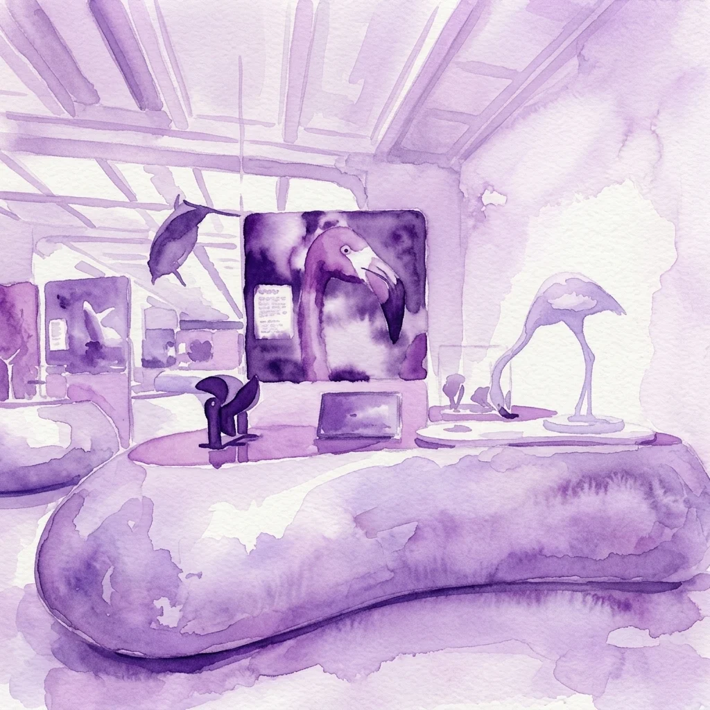 Ilustracja akwarelowa wnętrza wystawy BioInspiration, przedstawiająca eksponaty biomimikryczne, w tym modele flamingów i delfinów, w fioletowych barwach i scenerii galerii muzealnej.