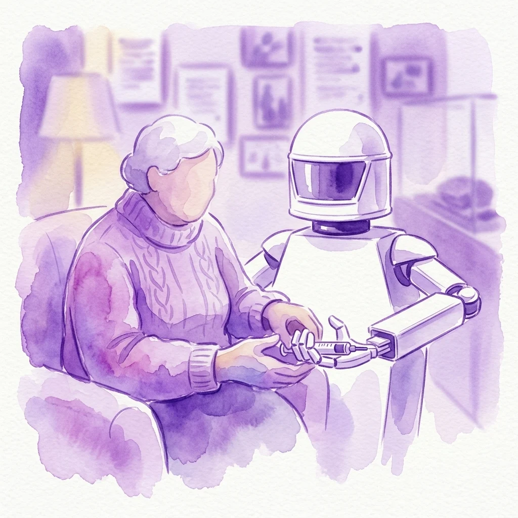 Een aquarelillustratie van een robot die een oudere persoon helpt met een injectiespuit, als symbool voor de tentoonstelling 'Caring Robots' in het Technisches Museum Wien.