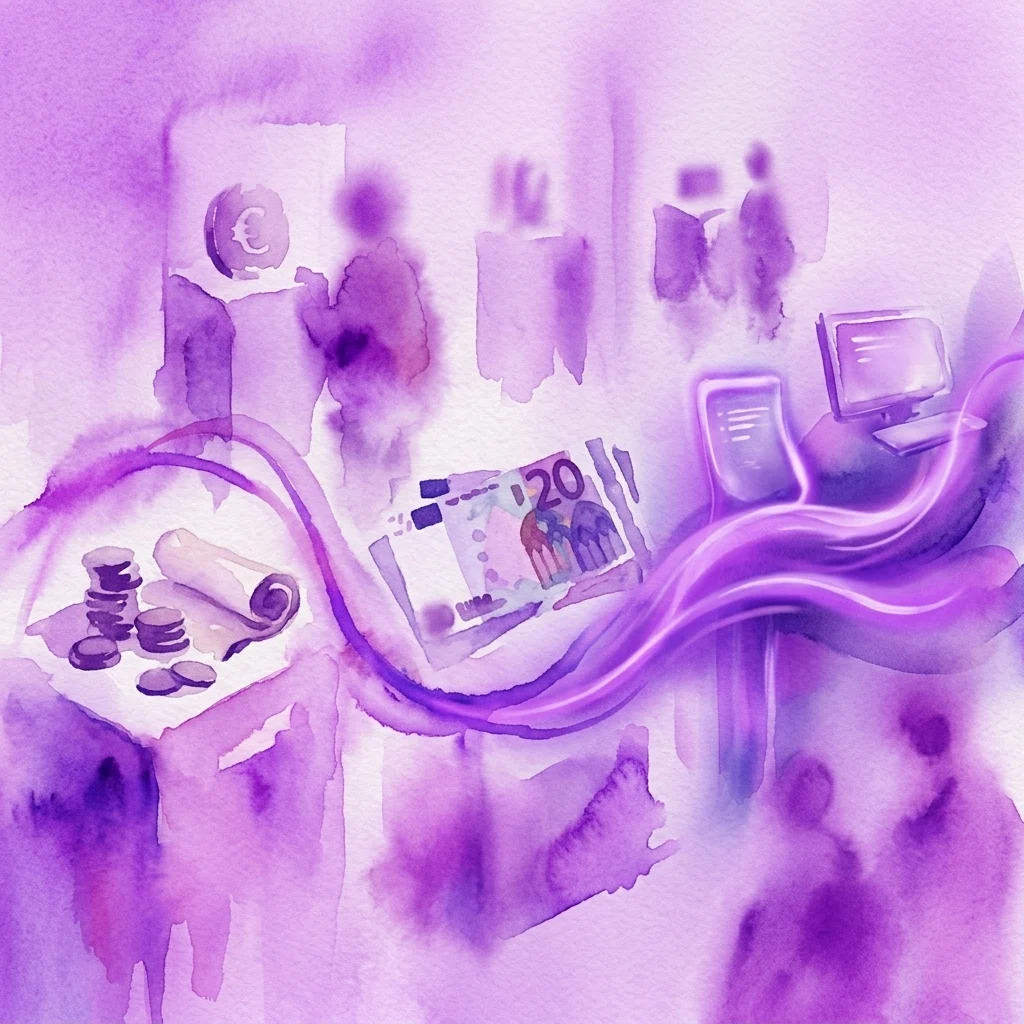 Ilustracja akwarelowa przedstawiająca historyczne i współczesne waluty, w tym monety, banknot 20 euro oraz interfejsy płatności cyfrowych, symbolizująca ewolucję pieniądza w społeczeństwie.