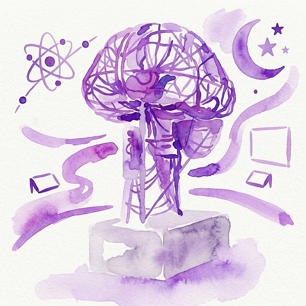 Una ilustración en acuarela morada de un cerebro con símbolos científicos como un átomo, la luna y las estrellas, que representa la intersección de la ciencia y el conocimiento.