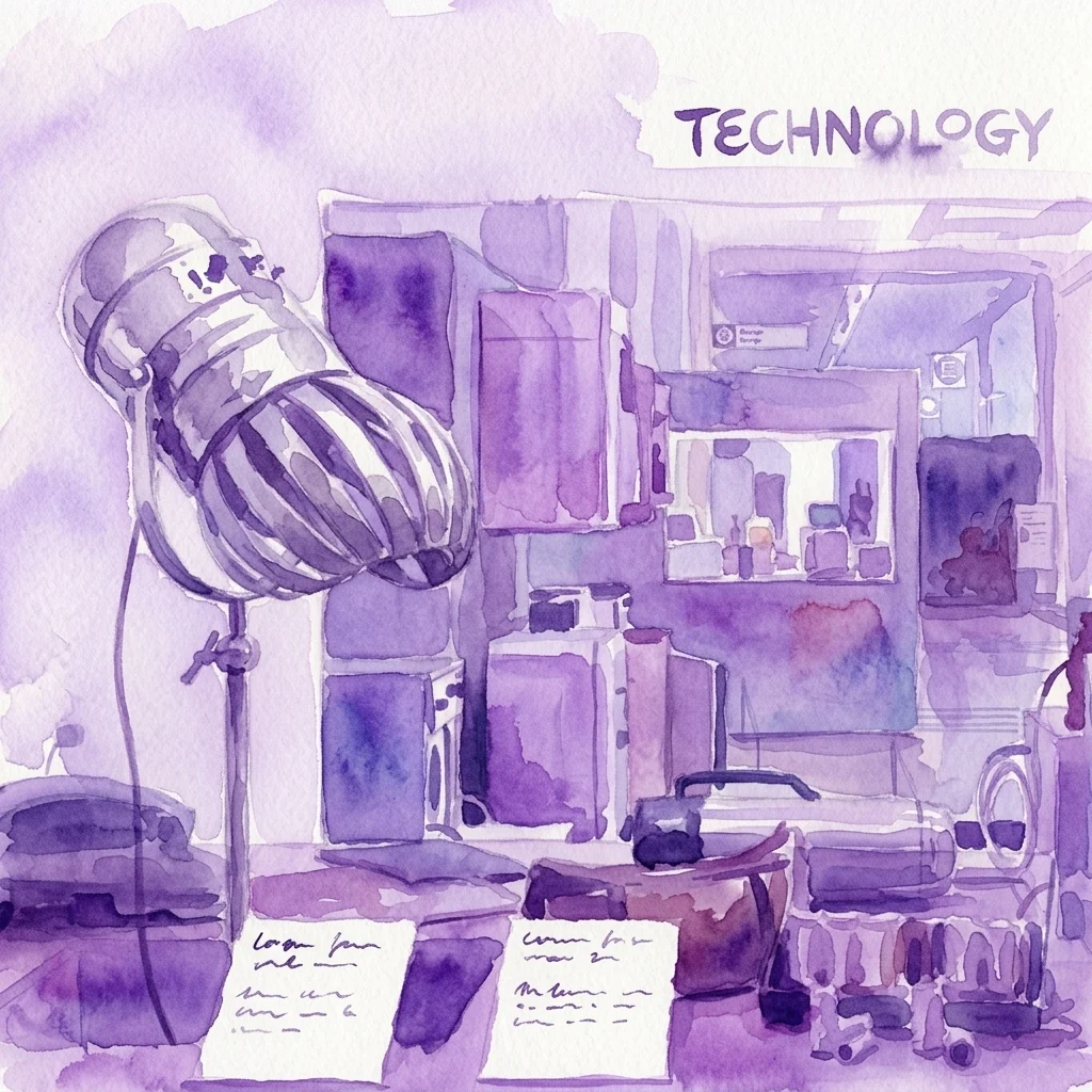 Ilustracja akwarelowa wystawy muzealnej prezentującej zabytkowe urządzenia AGD, takie jak tostery i blendery, wraz z broszurami i instrukcjami, pod szyldem „TECHNOLOGY”, podkreślająca życie domowe i normy społeczne połowy XX wieku.
