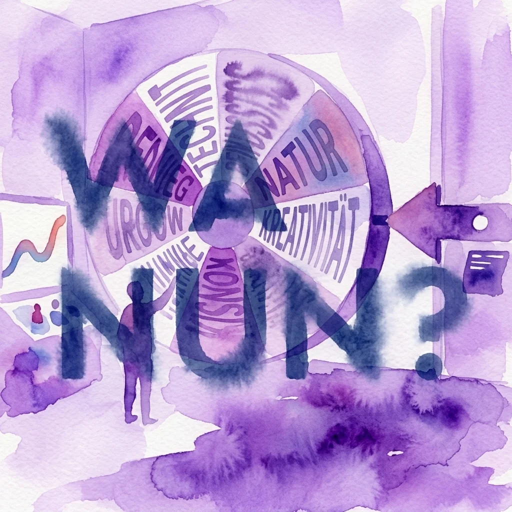 Una ilustración en acuarela de un diagrama circular con palabras alemanas como 'NATUR', 'KREATIVITÄT' y 'TECHNIK', superpuesto con la palabra 'WAS' y un signo de interrogación, sugiriendo un tema de indagación e interconexión.