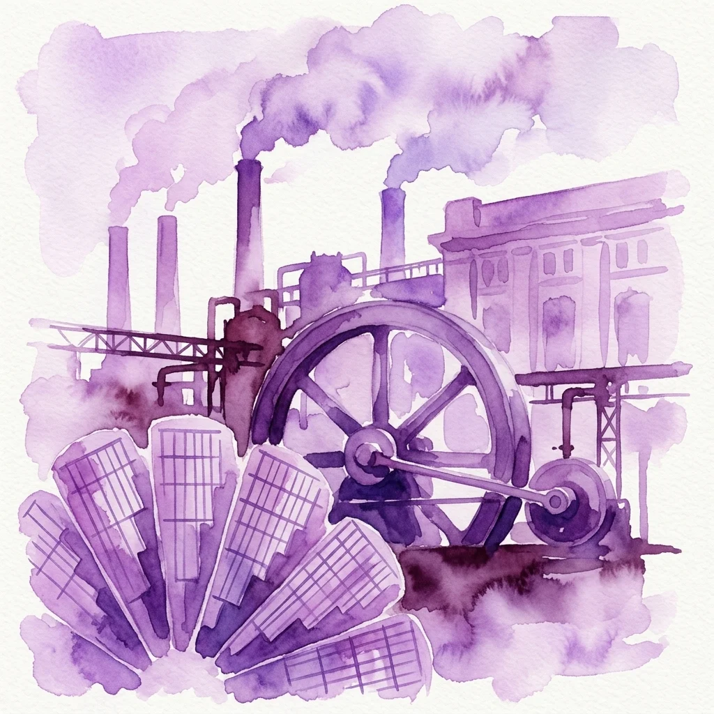 Watercolor illustration of an industrial power station with steam engines, smokestacks, and large wheels, representing the historical evolution of energy production during the Industrial Revolution.