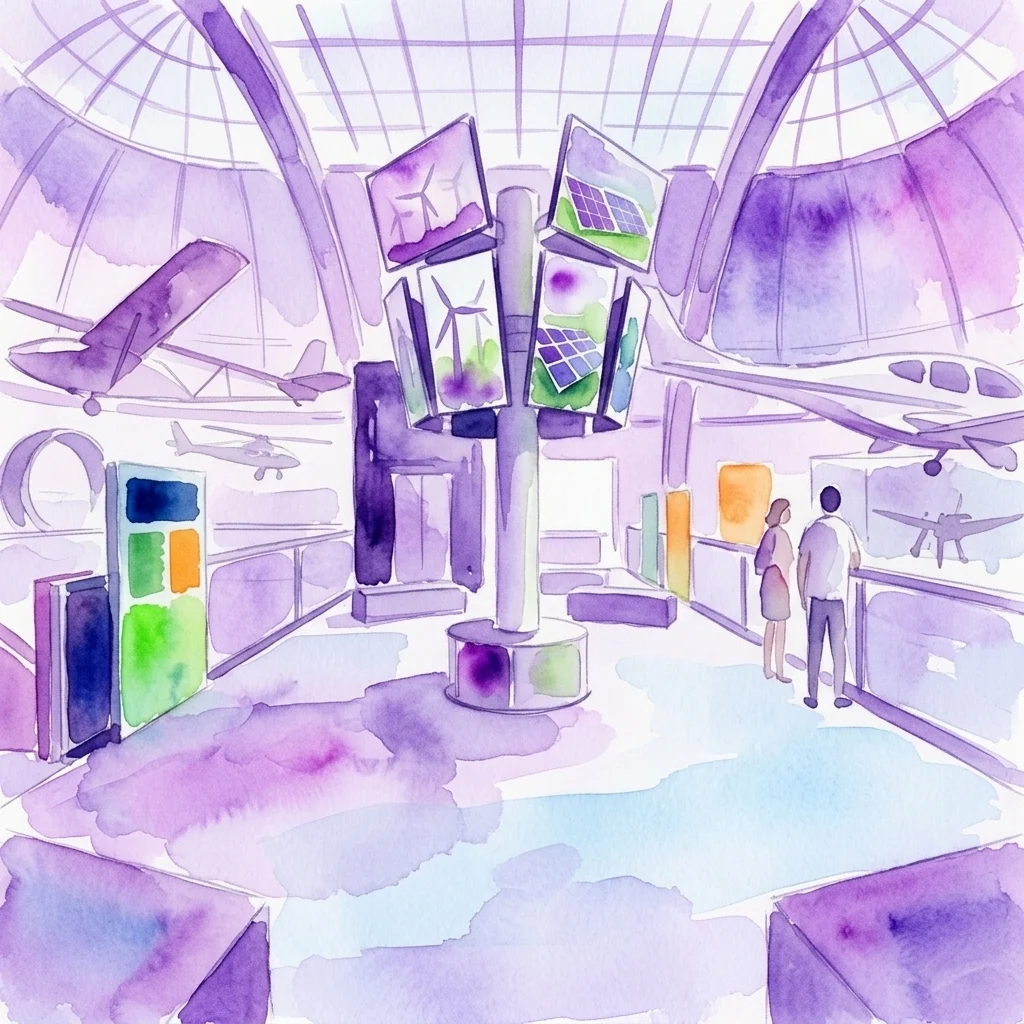 Una ilustración en acuarela de un espacio de exposición de museo con exhibiciones interactivas sobre energía renovable, con turbinas eólicas y paneles solares en pantallas, y maquetas de aviones suspendidas del techo.