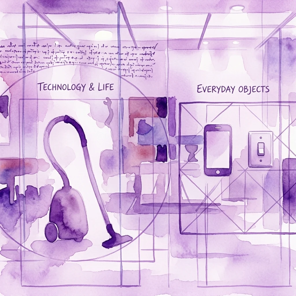 Een aquarelillustratie van een museumtentoonstelling met alledaagse voorwerpen zoals een stofzuiger, smartphone en lichtschakelaar, met de tekstlabels 'Technologie & Leven' en 'Alledaagse Objecten'.