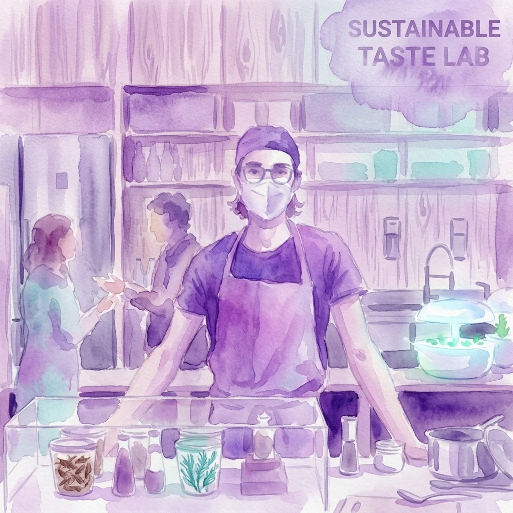 Waterverfillustratie van een duurzame smaaklabkeuken met een chef-kok in een schort en masker, met ingrediënten zoals insecten en algen, ter promotie van milieuvriendelijke voedselconsumptie.