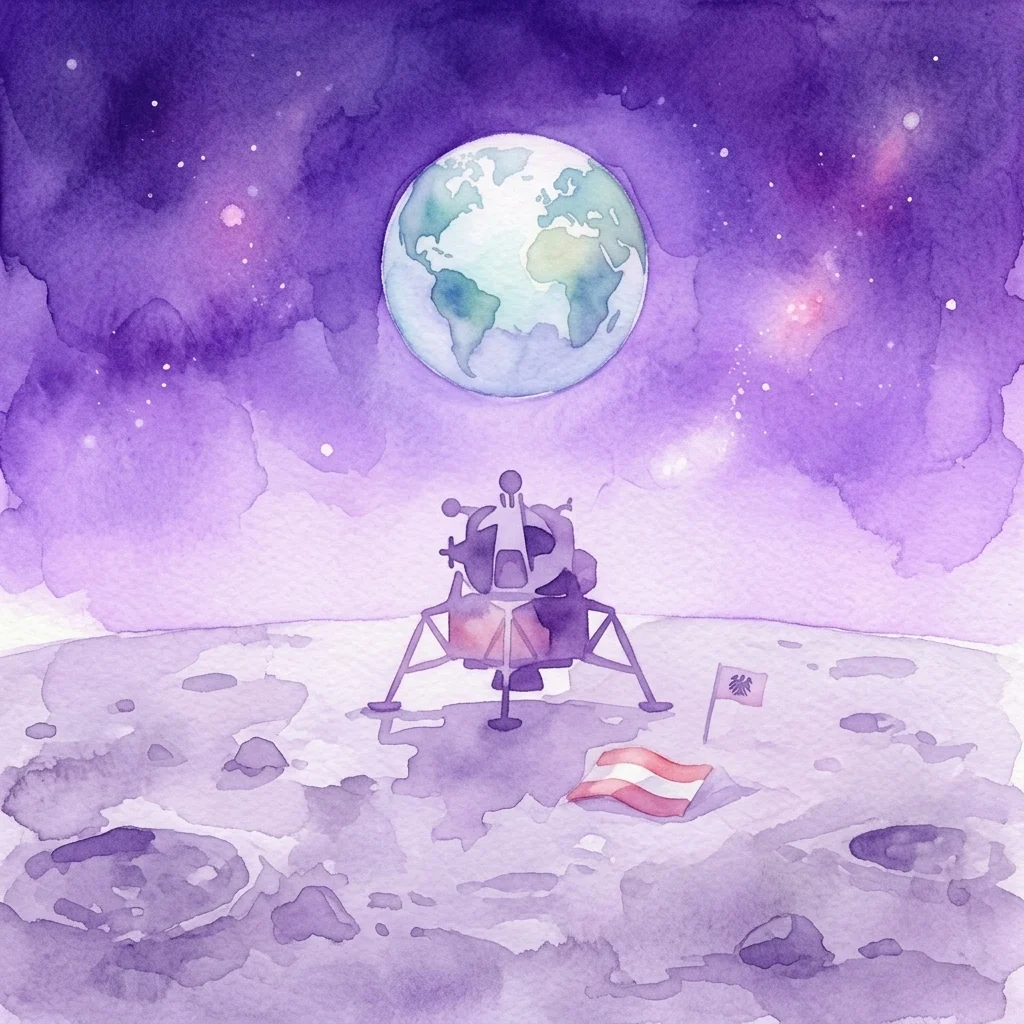 Ilustración en acuarela de un módulo lunar en la Luna con la Tierra al fondo y una bandera austriaca, promocionando la exposición High Moon en el Technisches Museum Wien.
