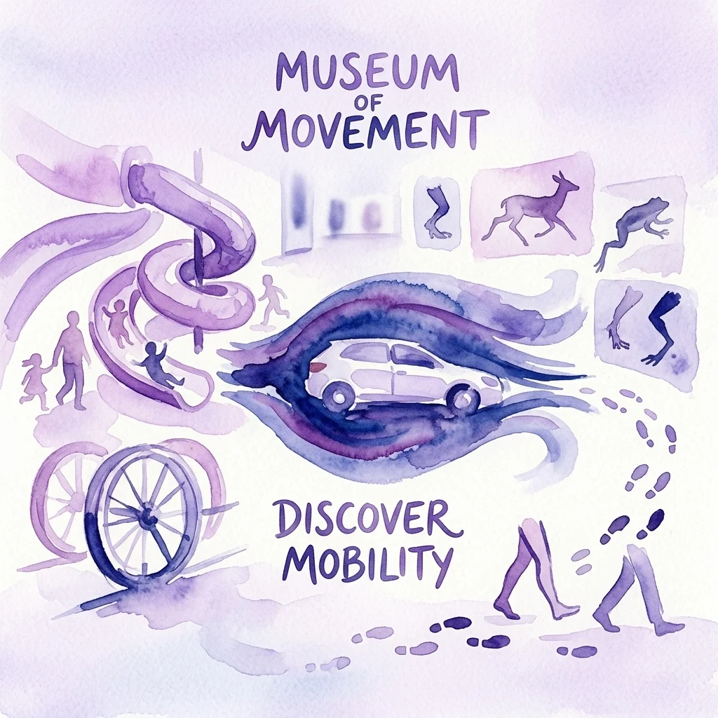 Ilustración en acuarela para la exposición 'In Motion' en el Museo del Movimiento, que presenta un tobogán, un coche, una rueda, huellas y siluetas de animales para representar la movilidad y el movimiento.
