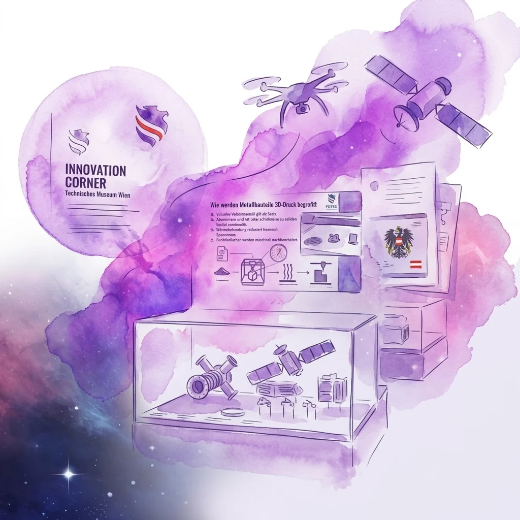 Een artistieke illustratie van de tentoonstelling Innovation Corner in het Technisches Museum Wien, met ruimtevaartinnovaties zoals satellietmodellen, droneprototypes en 3D-geprinte metalen componenten in een vitrine tegen een paarse aquarel achtergrond.