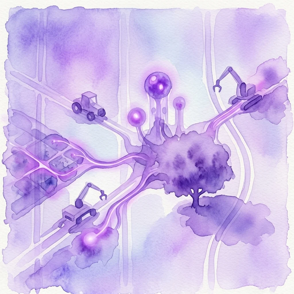 Ilustracja akwarelowa futurystycznej technologii rolniczej, przedstawiająca świecące reaktory enzymatyczne, systemy hydroponiczne i maszyny sterowane przez SI połączone świecącymi ścieżkami, reprezentująca wystawę Innovation Corner: Agri-food.