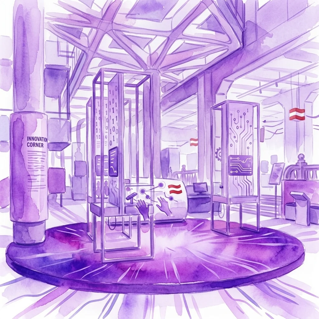 Ilustracja akwarelowa wystawy „Innovation Corner” w Technisches Museum Wien, przedstawiająca interaktywne wyświetlacze cyfrowe, projekty płytek drukowanych i austriackie flagi, ukazująca koncepcje transformacji cyfrowej.