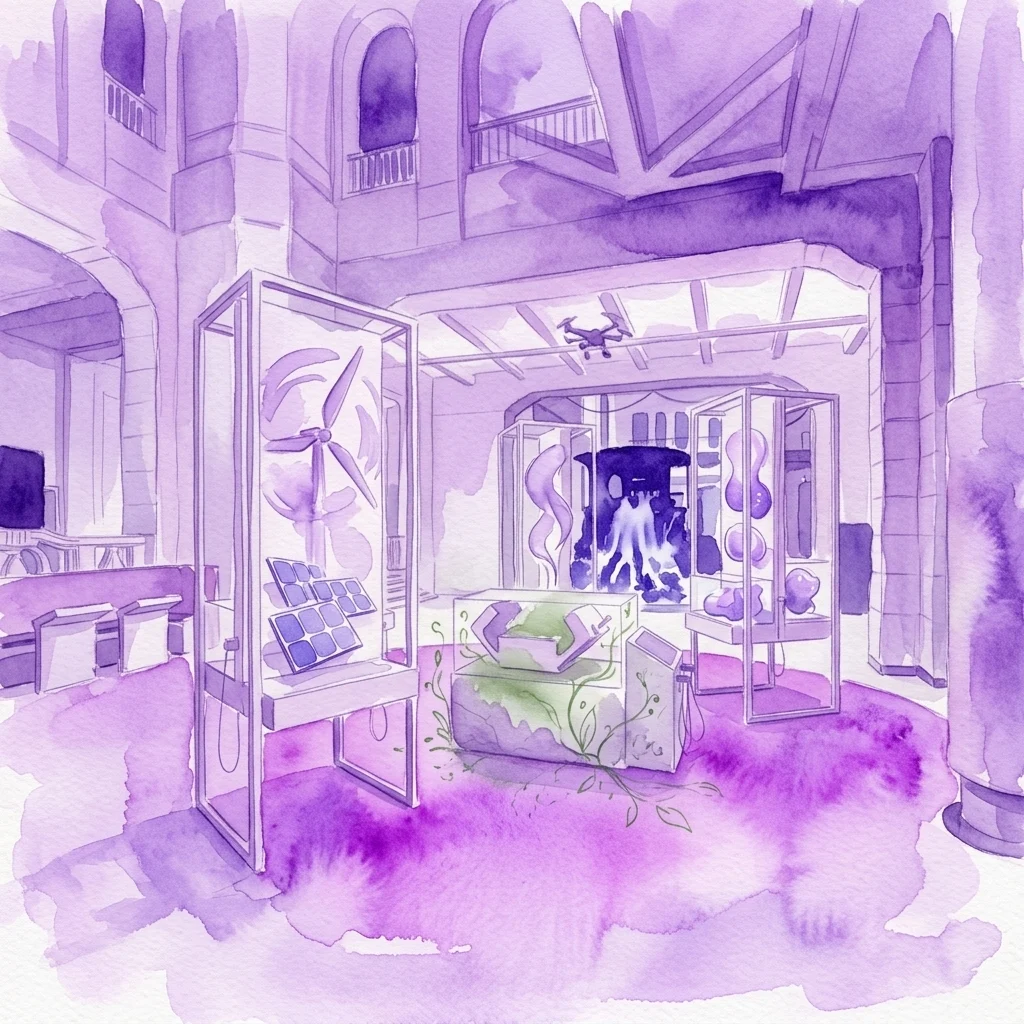 Ilustración en acuarela de un espacio de exposición con exhibiciones de energía sostenible, incluyendo paneles solares, un modelo de turbina eólica y conceptos de energía futuristas, representando la exhibición 'POWER ON!' en el Technisches Museum Wien.