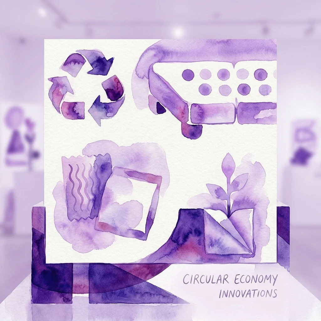 Watercolor illustration of circular economy innovations, featuring a recycling symbol, modular furniture, biodegradable materials, and a growing plant, displayed in a museum setting.