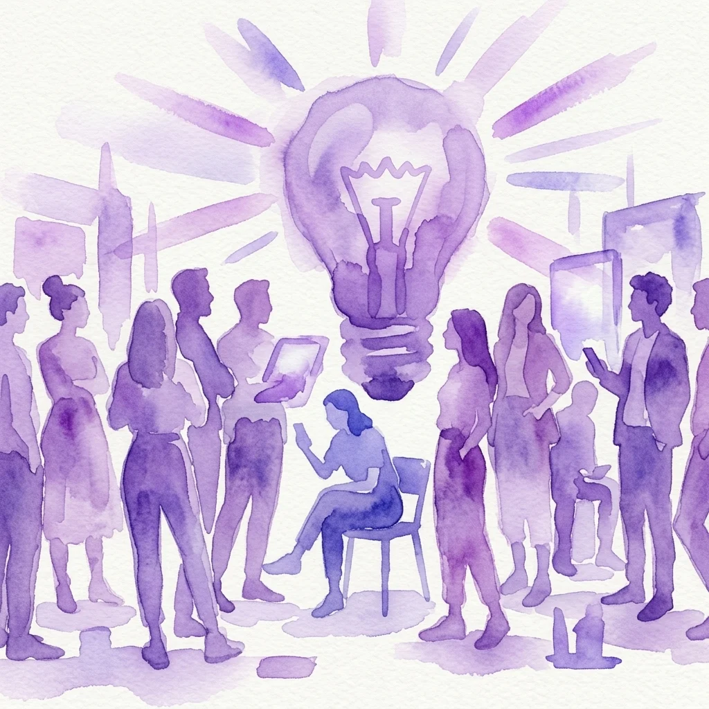 Una ilustración acuarela púrpura de jóvenes colaborando en torno a prototipos y exhibiciones tecnológicas, con una gran bombilla brillante que simboliza la innovación, representando la exposición "Innovation Corner: Young Ideas" en el Museo de la Técnica.